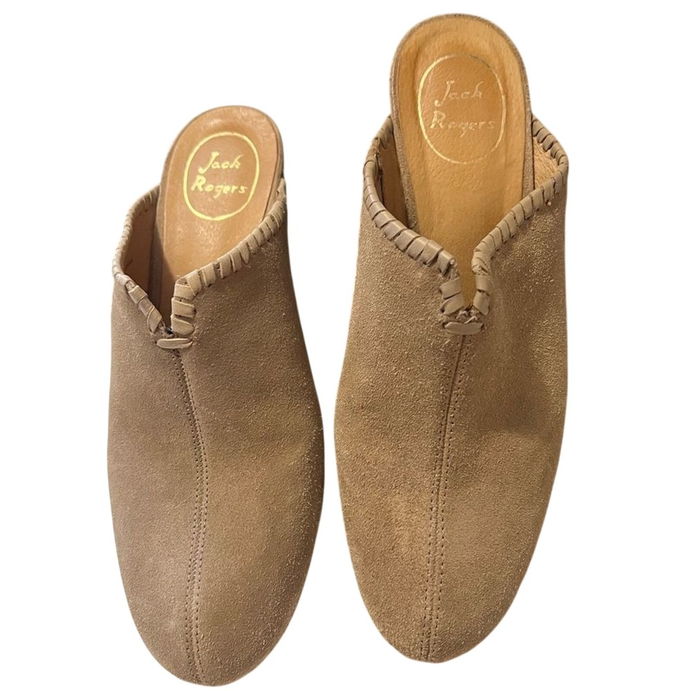 Jack Rogers Tan Suede Whipstitch Wedge Mules Womens 8.5M Slip On Clogs Tan